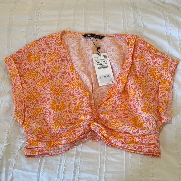 Zara Tops Zara Cropped Front Knot Shirt Orange And Pink Medium